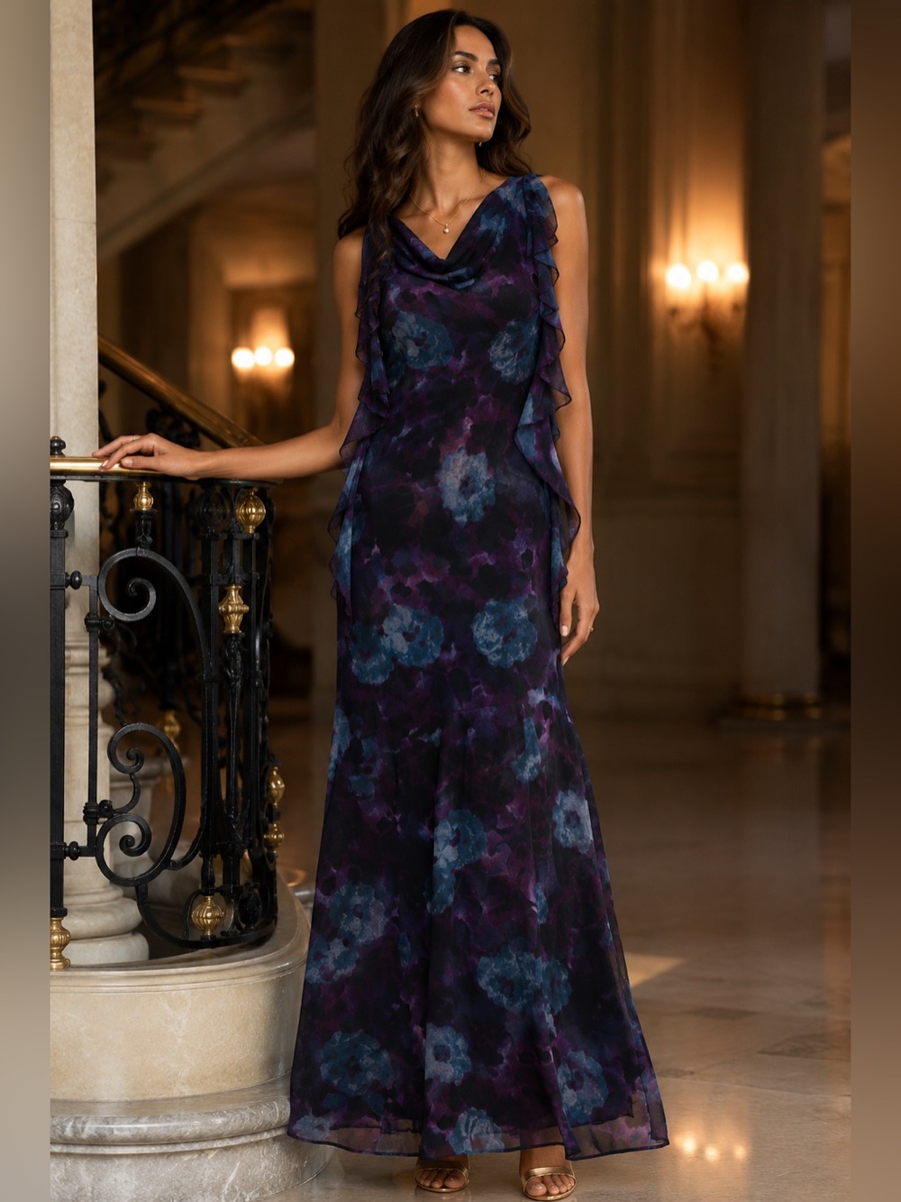 ROTATE Birger Christensen Floral Chiffon Maxi Dress Purple Blue Ruffle Size 12